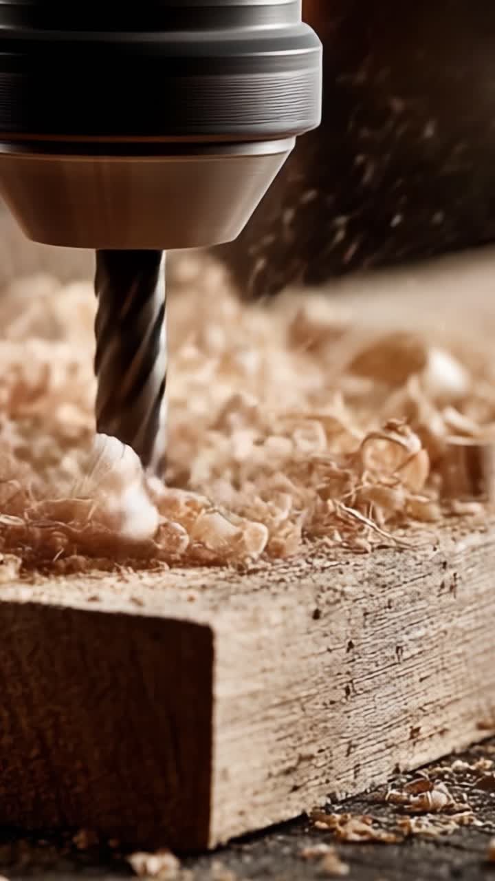 Lavorazione del legno di precisione: Primo piano di una punta da trapano in azione, che modella il legno e crea segatura, catturando l'essenza dell'artigianato e delle tecniche abili