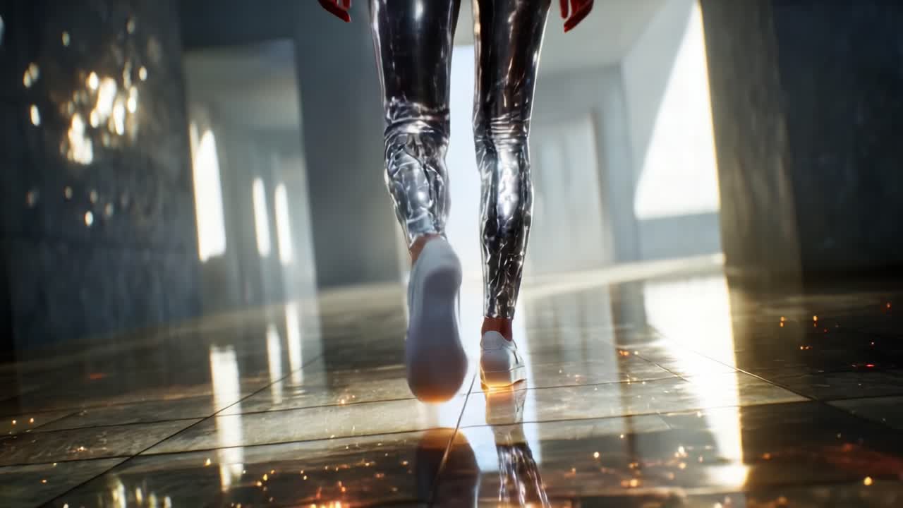A Dazzling Journey Through a Reflective Corridor: A Person in Metallic Leggings Walks Gracefully Along a Shimmering Floor, Creating a Mesmerizing Visual Experience Amidst Glimmering Lights and Shadows