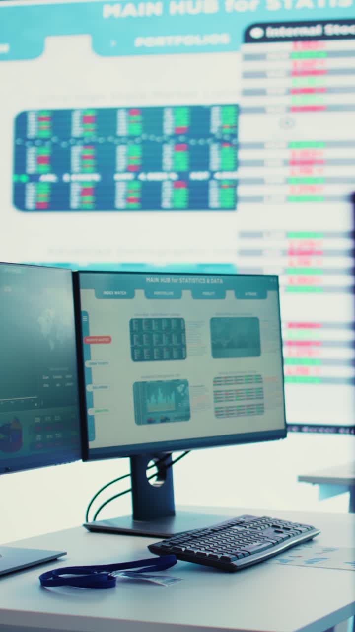 Financial Data and Stock Market Charts on Multiple Computer Screens in Office