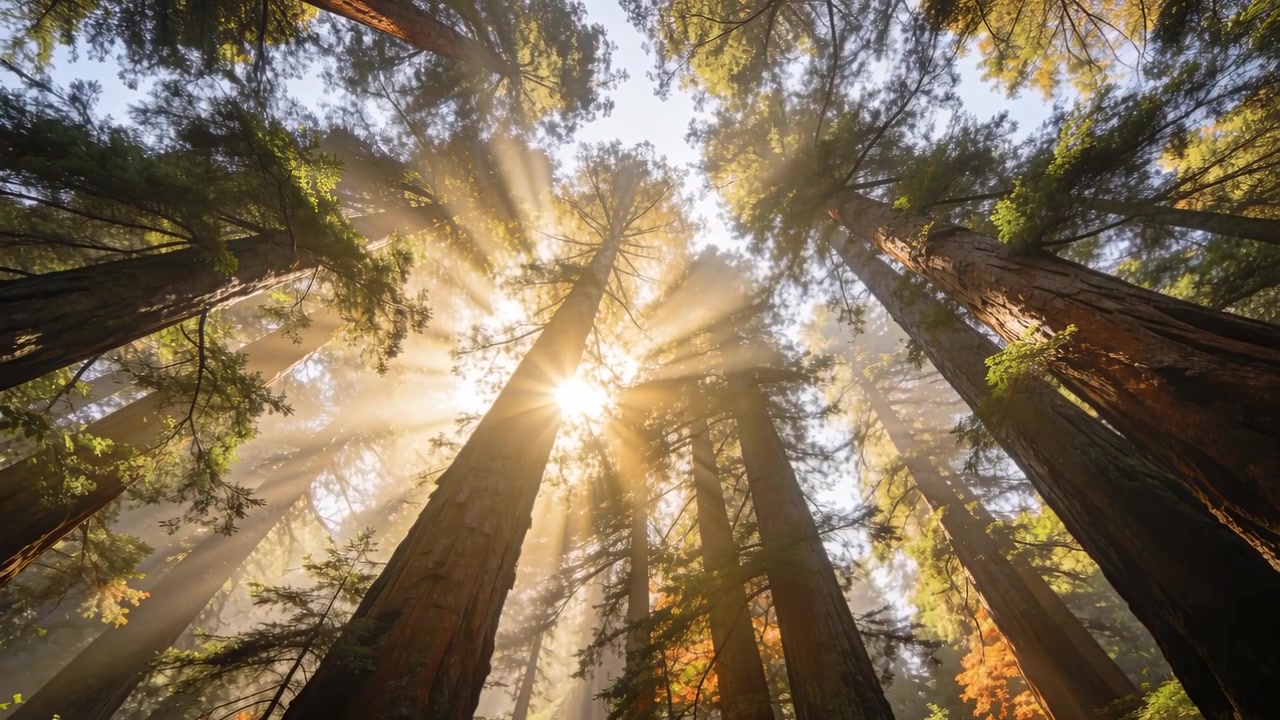 La luce solare che si sposta illumina la base di alti tronchi di conifere, il sole si muove dietro le fessure, la nebbia mostra i raggi