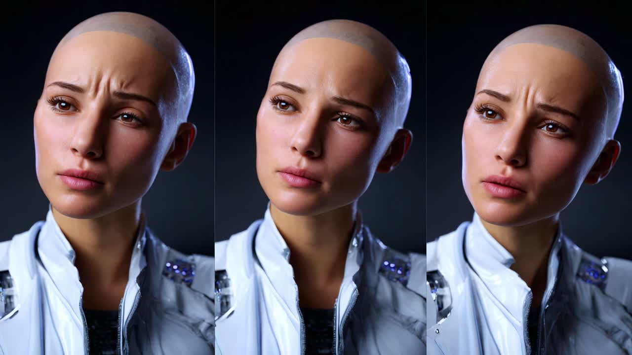 Espressioni accattivanti di un personaggio futuristico: viaggio attraverso emozioni e pensieri in dettagli facciali dinamici e opere d'arte realistiche in due fotogrammi