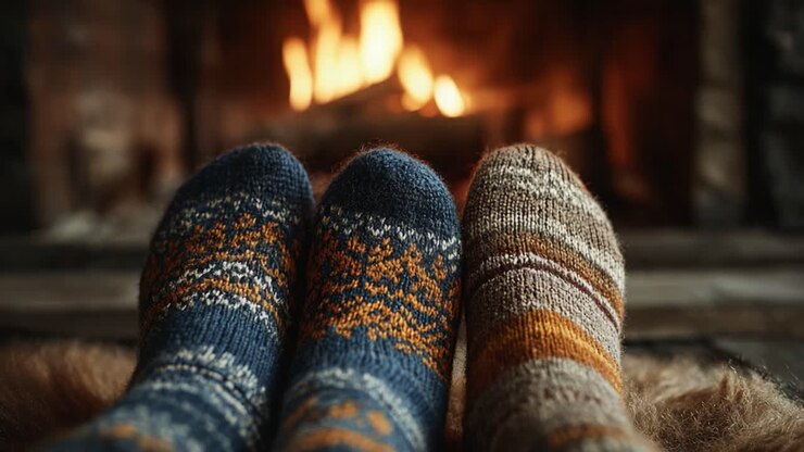 Piedi al caldo accanto al camino: caldi calzini di lana che donano comfort e gioia in un'atmosfera rilassante di un ambiente rustico
