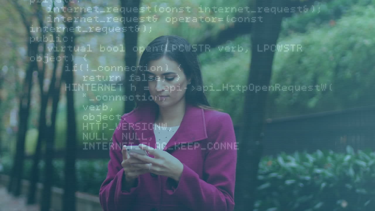 Animation of data processing against caucasian woman using smartphone in the park