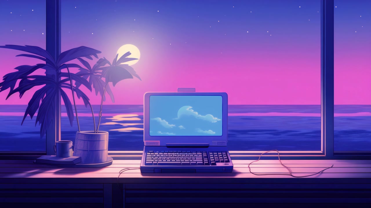 Vintage Laptop on Desk Overlooking Ocean at Sunset