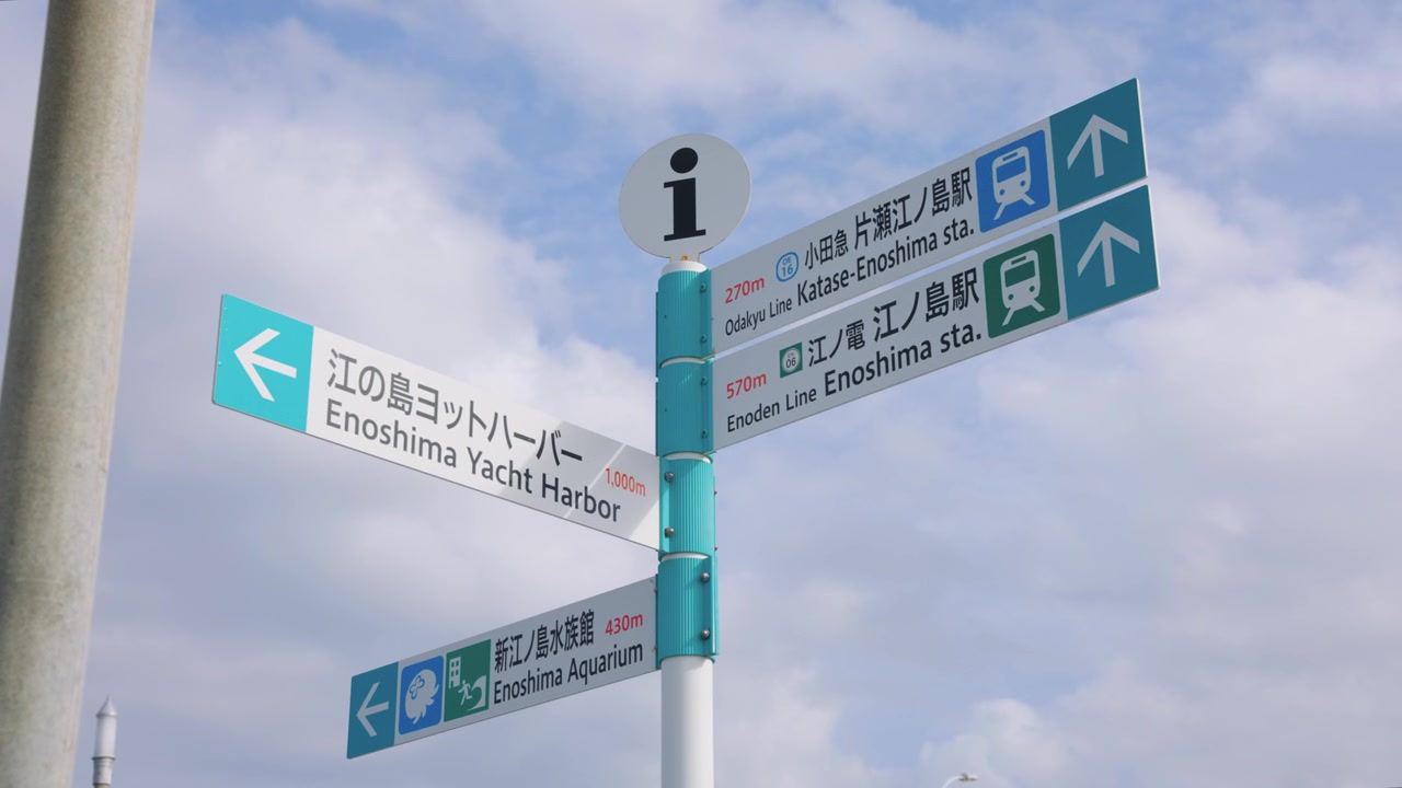 Cảnh quay tổng thể đảo Enoshima ở Kanagawa Nhật Bản, biển báo đường phố với chỉ dẫn