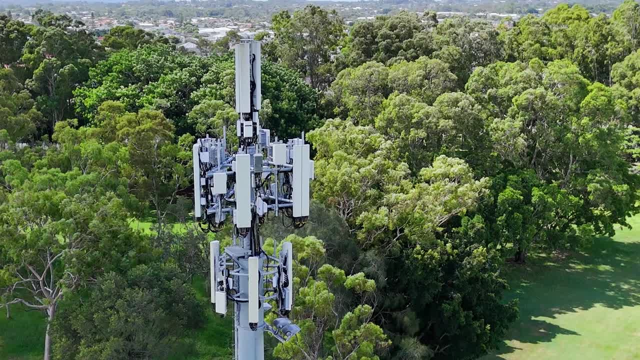 A close-up aerial perspective of a cell tower surrounded by dense, vibrant green trees in a park setting.