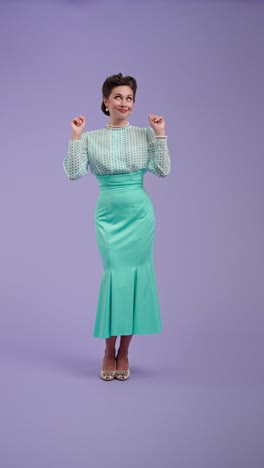 elegant woman in vintage attire pointing up