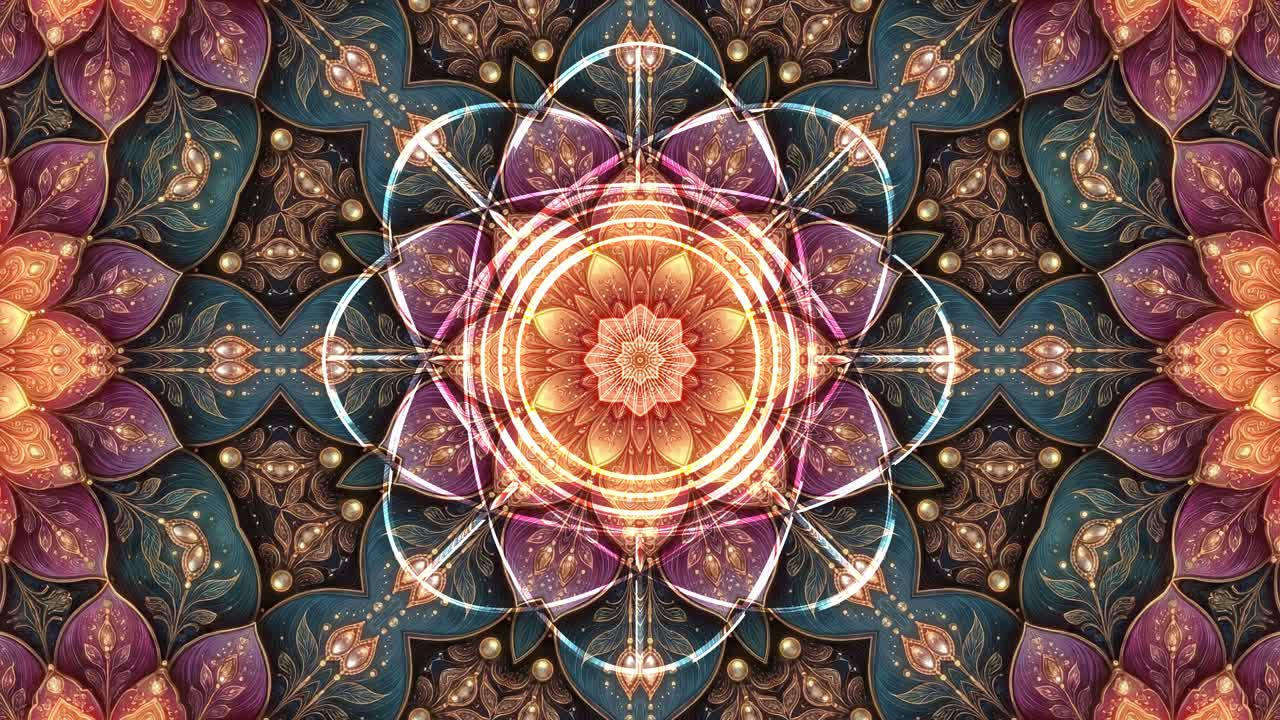 Loop 4K60 senza interruzioni. Mandala di loto a stella 3D in vetro su un frattale ricco e in evoluzione, simile a un arazzo floreale, nei toni del verde acqua intenso, bronzo e oro brillante. Ideale per set ed eventi VJ orizzontali o verticali.