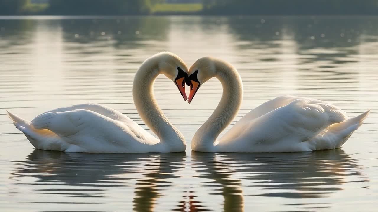 Two Elegant Swans Forming a Heart Shape: A Beautiful Reflection on Calm Waters Under Soft Morning Light
