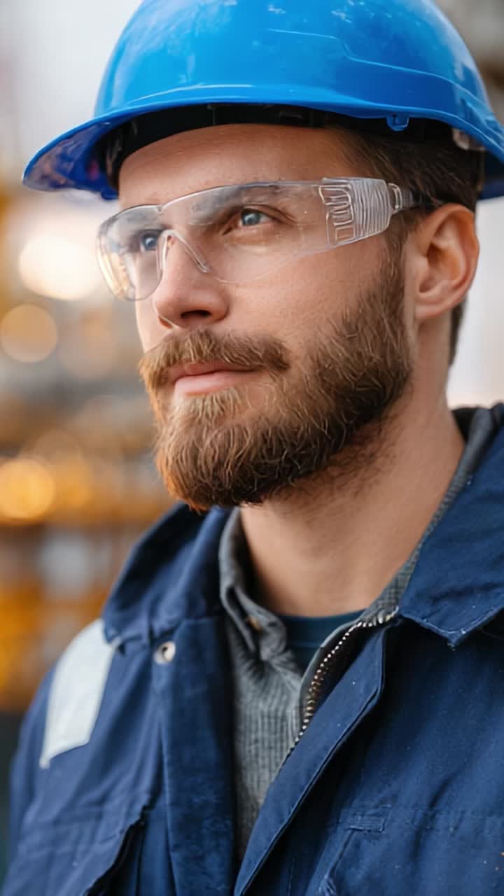 Operaio edile concentrato con dispositivi di sicurezza: un primo piano di un uomo con cappello blu e occhiali protettivi, che enfatizza attenzione e determinazione