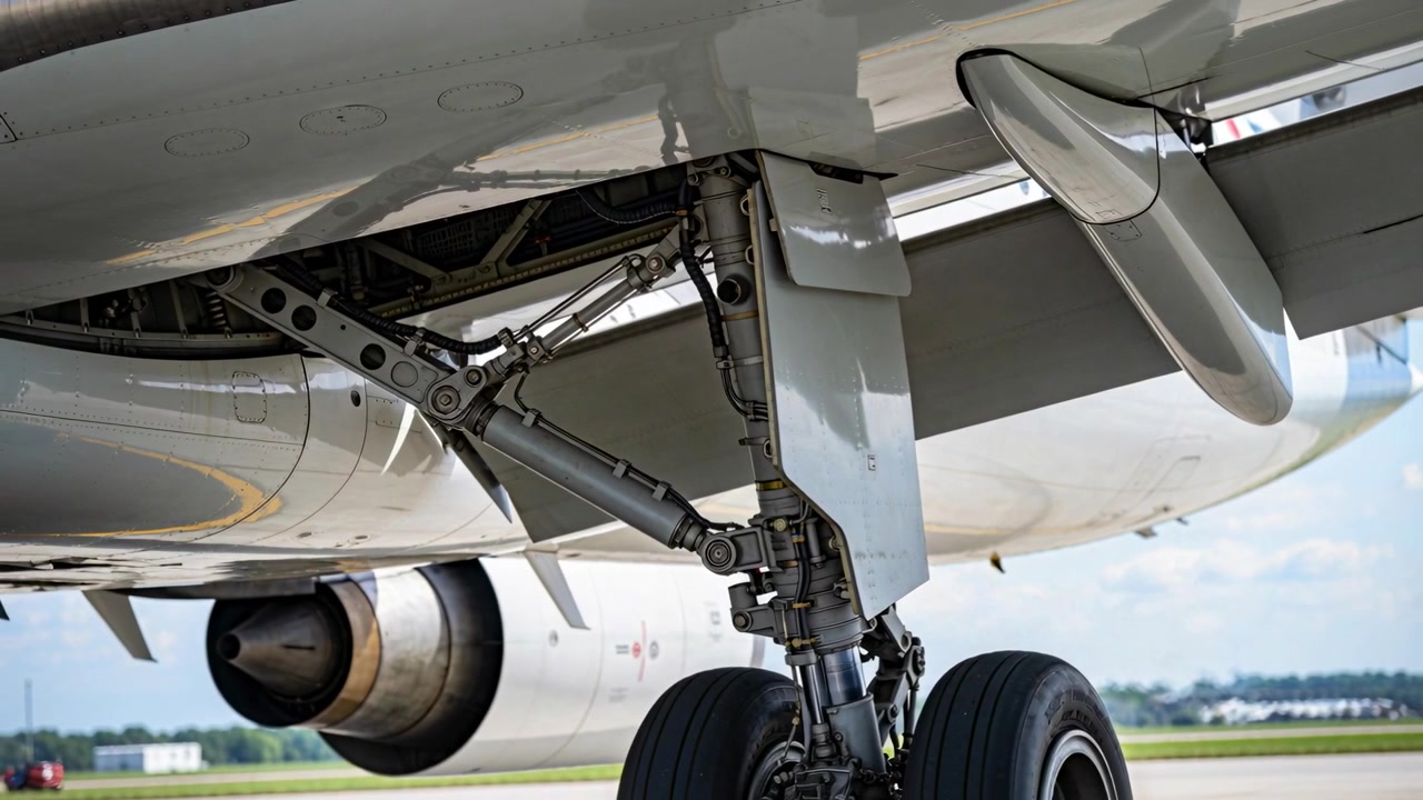 Carrello di atterraggio principale che rotola sostenendo l'aereo che rulla in avanti sulla rampa dell'aeroporto, rivelando il carrello.