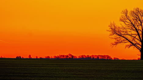 Cielo-Colorido-Al-Atardecer-O-Al-Amanecer-Con-Color-Naranja-Oscuro,-Timelapse-Estático-Filmado-Sobre-Campos-De-Cultivo