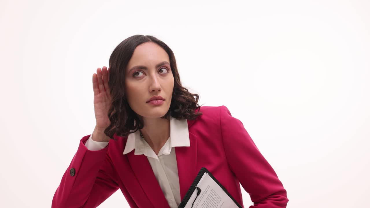 Businesswoman in Pink Blazer Listening Attentively with Clipboard