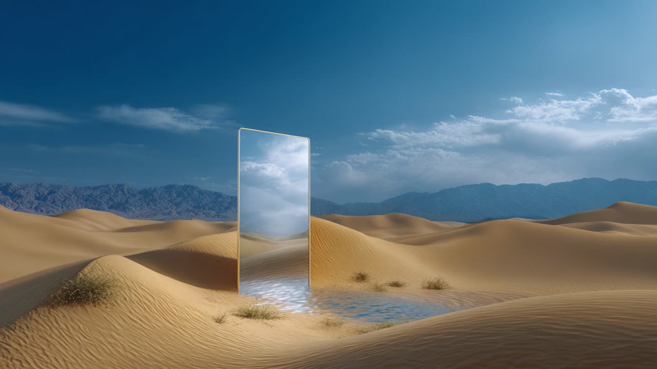 Paesaggio surreale di un deserto infinito con uno specchio misterioso che riflette il cielo e una calma pozza d'acqua circondata da dune sabbiose sotto cieli azzurri brillanti.