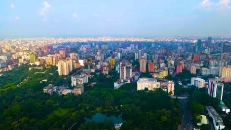 establishing aerial view of colourful dhaka mega city downtown district and park green space