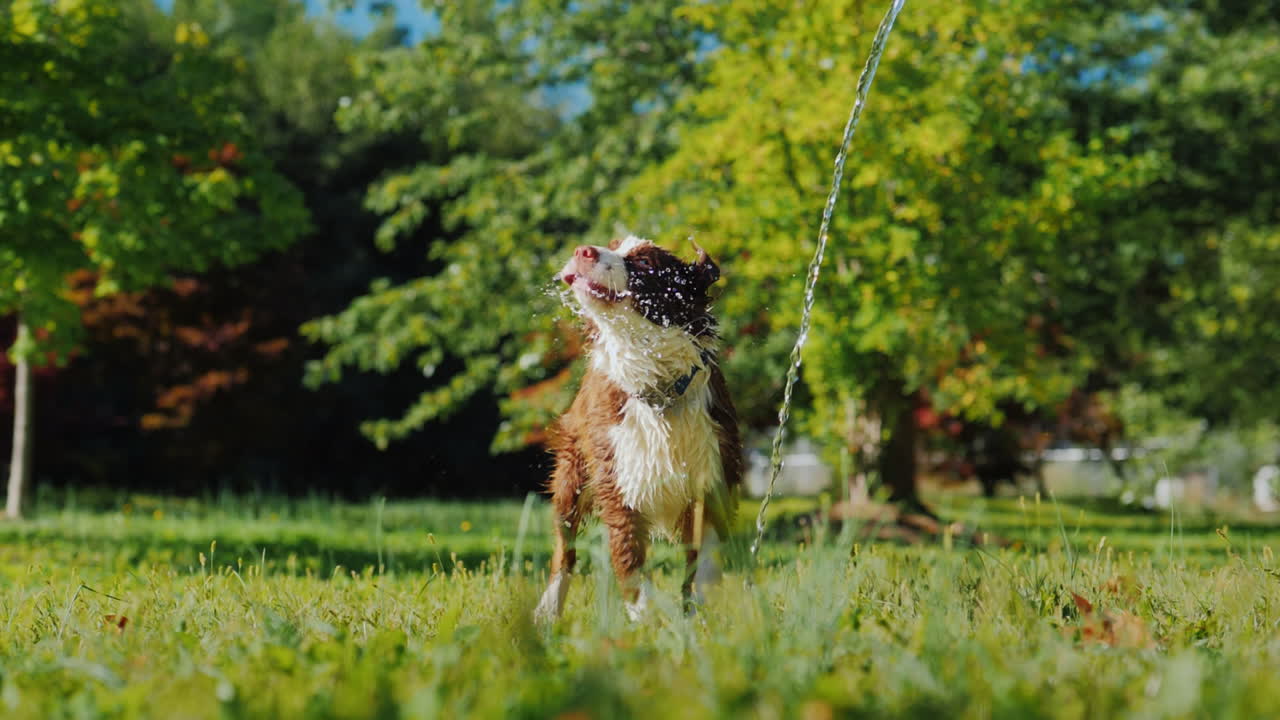 perro gracioso jugando con una manguera de jardín juega con el dueño y diviértete juntos