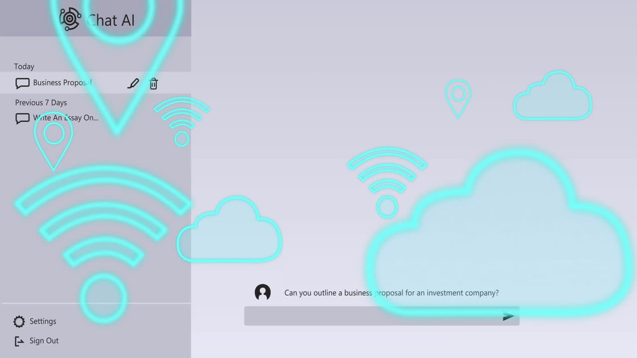 animación de iconos de wi-fi y nube sobre el texto de la propuesta de negocio en la pantalla