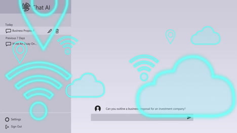 wi-fi and cloud icons animation over business proposal text on screen