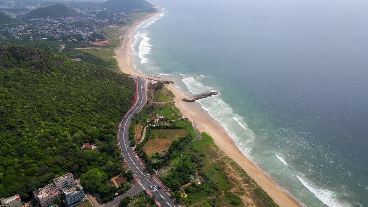 Aerial drone shot of Vizag, showing the city’s blend of natural beauty and modern urban life.