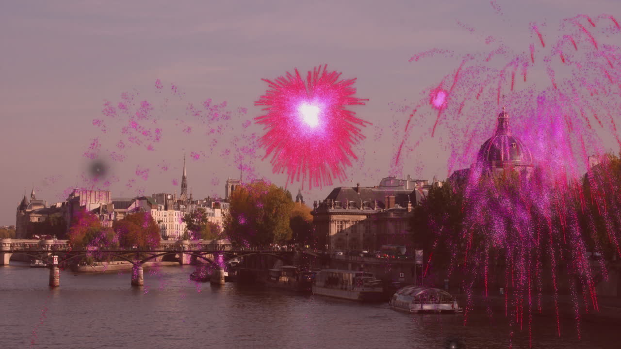 파리 시내 풍경과 강 위의 분홍색 불꽃놀이 애니메이션