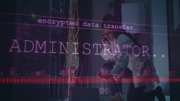 Scientist working on computer servers with encrypted data transfer animation overlay