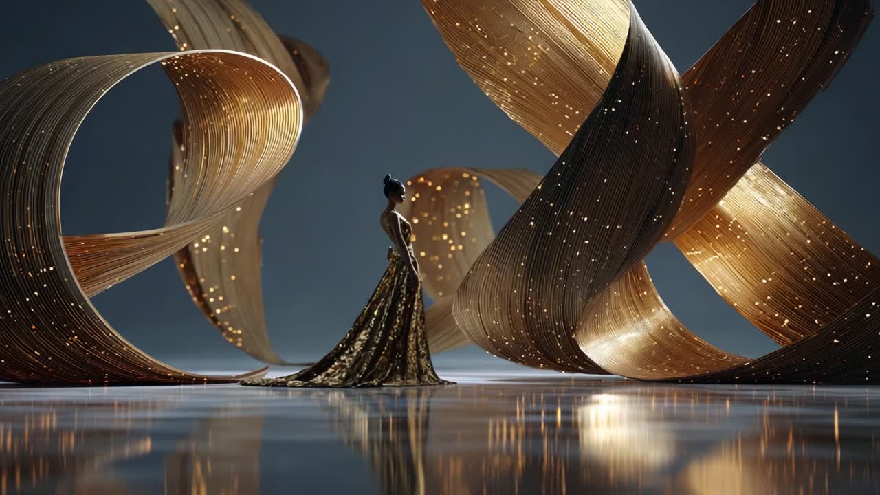 A Captivating Display of Elegance: A Dazzling Fashion Model Poses Gracefully Amidst Artistic Golden Ribbons and a Sparkling Backdrop in this Stunning Visual Composition