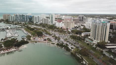 high aerial shot of sarasota florida skyline