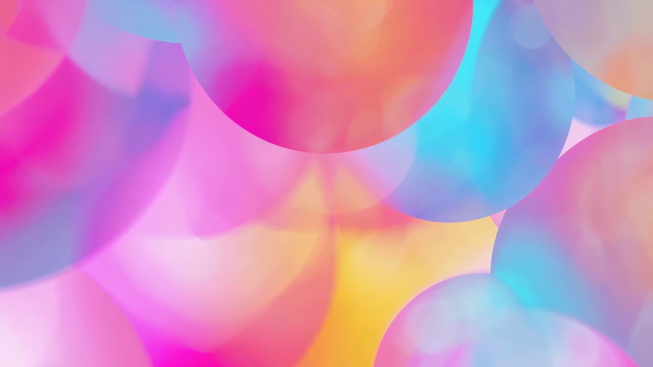 Soft pulses causing translucent pastel circular group drifting in abstract color field, mixing hues