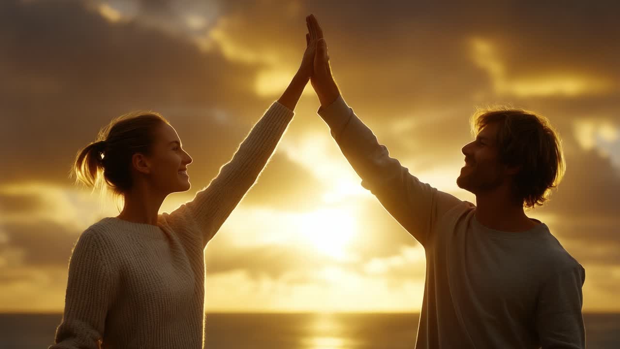 A Heartwarming Sunset Encounter: A Couple Joyfully Sharing a Moment by the Ocean with the Warm Glow of the Setting Sun Illuminating Their Happiness