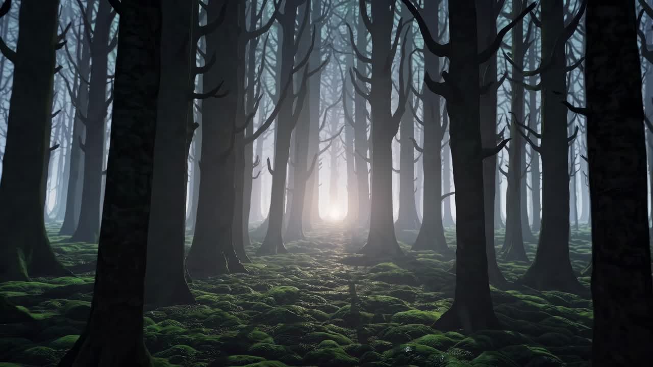 A mystical forest scene with a low-angle view, capturing the ethereal light filtering through dense
