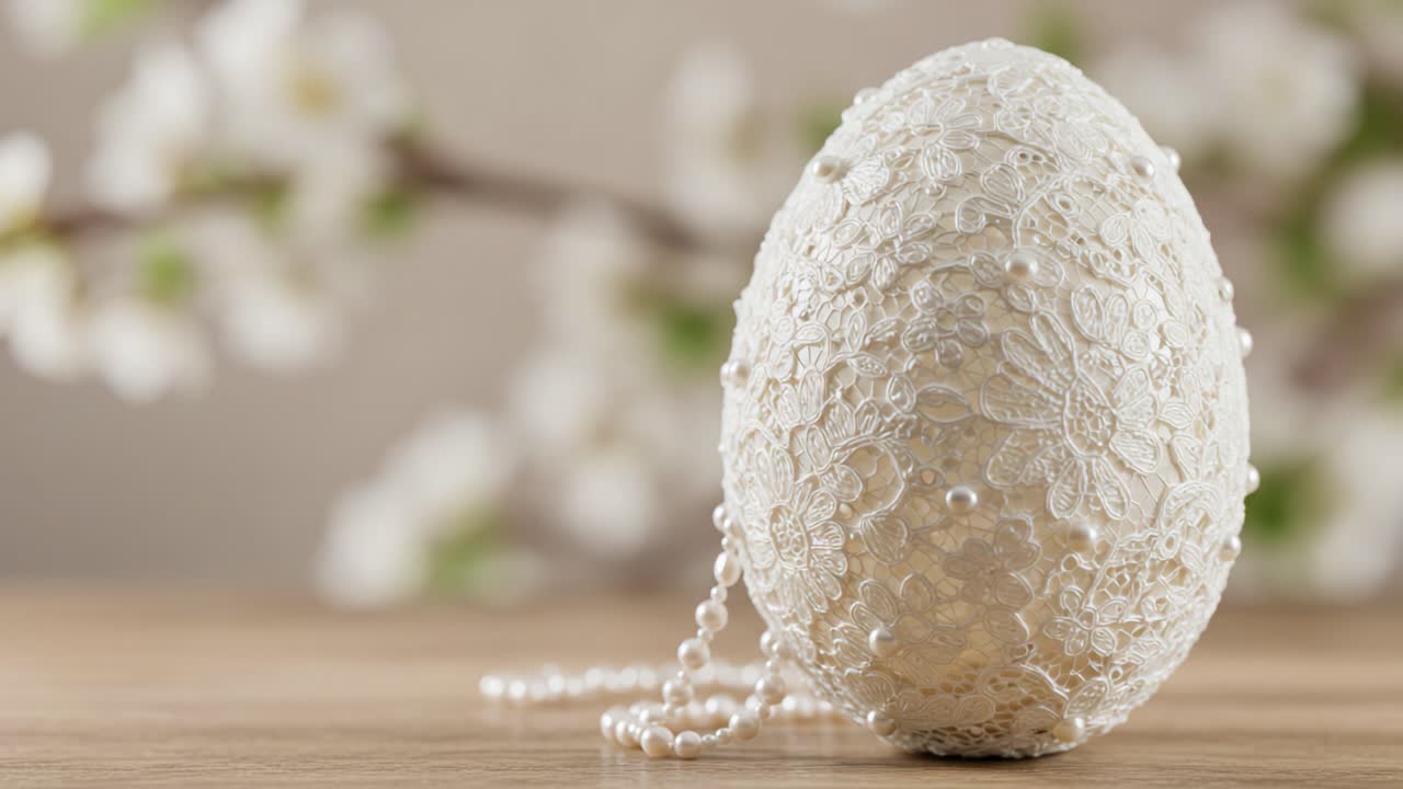 Elegant Decorative Egg with Lace and Pearls Surrounded by Delicate Floral Background – A Stunning Display of Artistry and Craftsmanship for Celebrations and Festive Occasions