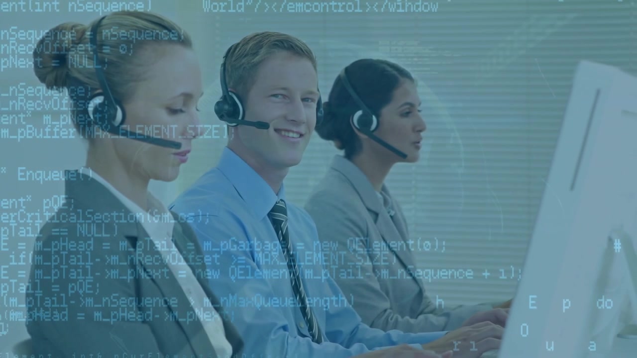 Animation of data processing over caucasian business people in office