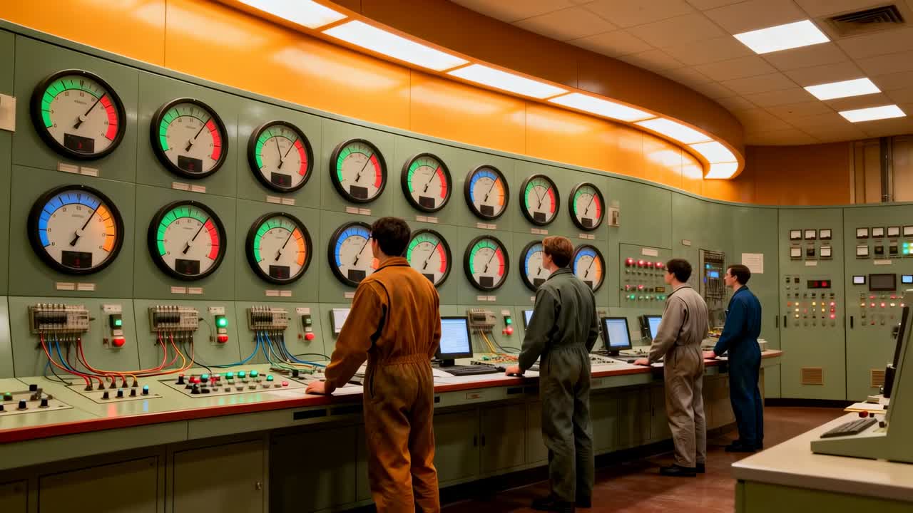 Responding to lights, four techs in jumpsuits scanning gauges and adjusting knobs at plant console