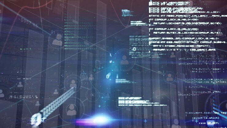 Animation of diverse data and graphs over connections on dark background
