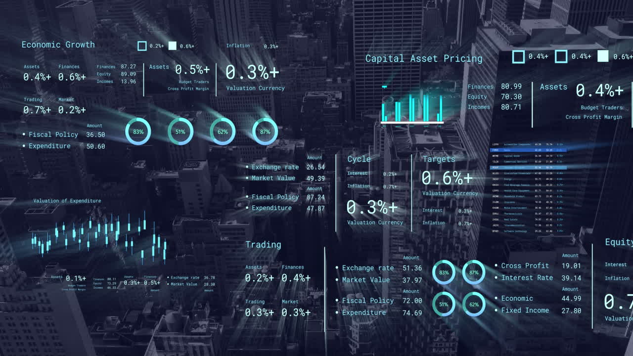Animation of financial data processing over cityscape