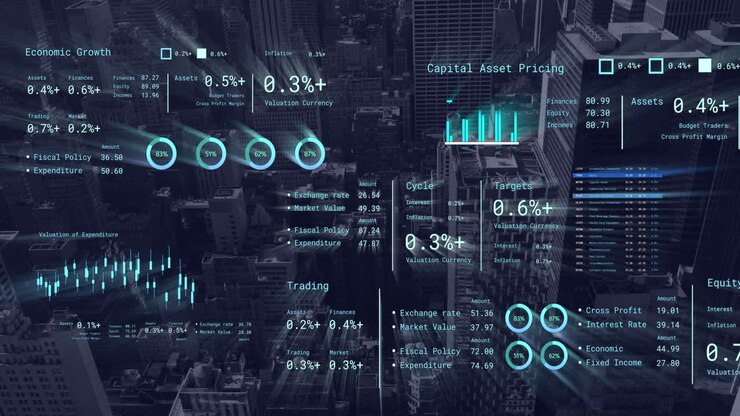 Animation of financial data processing over cityscape