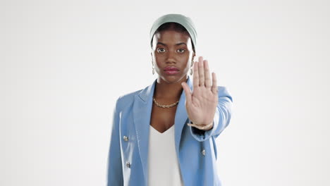 face, black woman and stop hands in studio