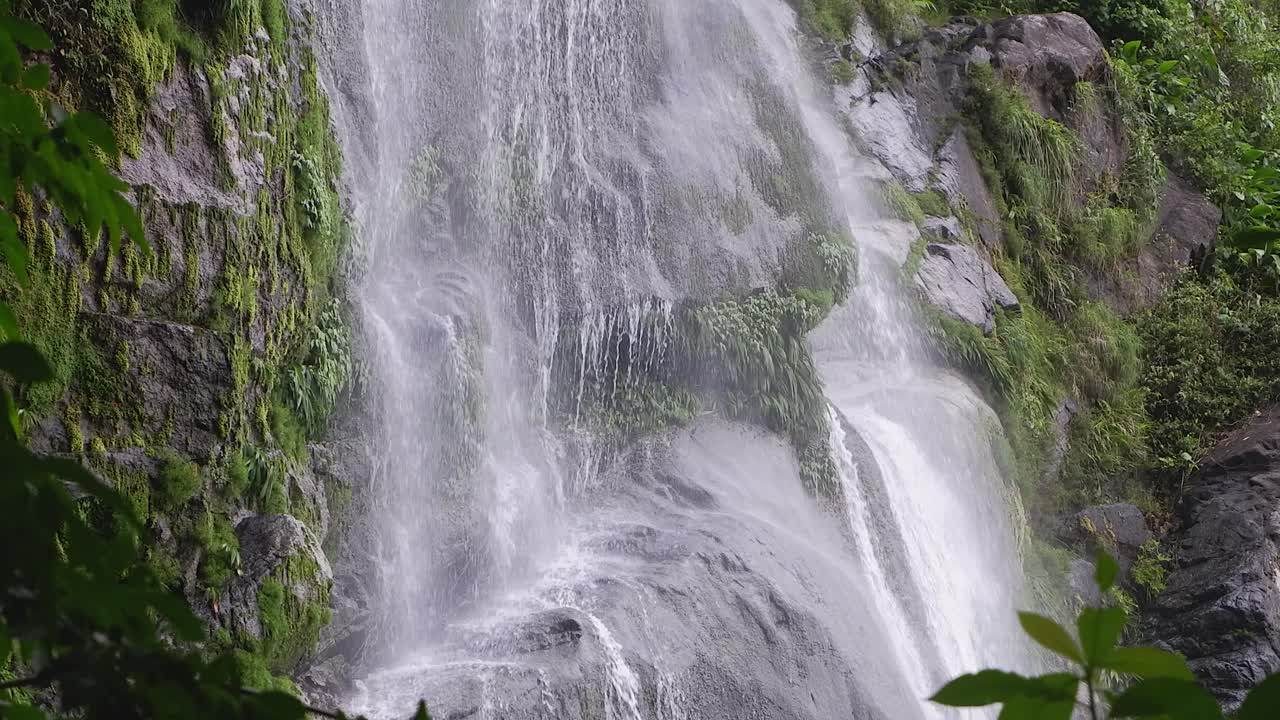 cascada el bejuco en el acantilado de roca musgosa en la selva de honduras