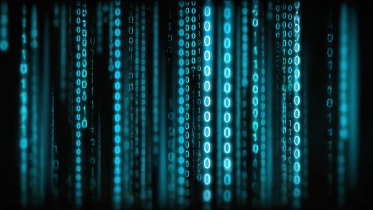 Immersive Digital Landscape: A Visual Journey Through Cascading Binary Code and Futuristic Aesthetics in a Darkened Environment