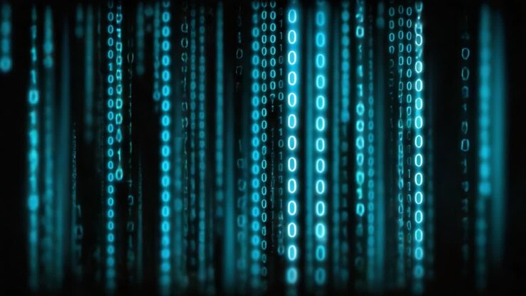 Fesselnde digitale Landschaft: Eine visuelle Reise durch binären Kaskadencode und futuristische Ästhetik in einer abgedunkelten Umgebung