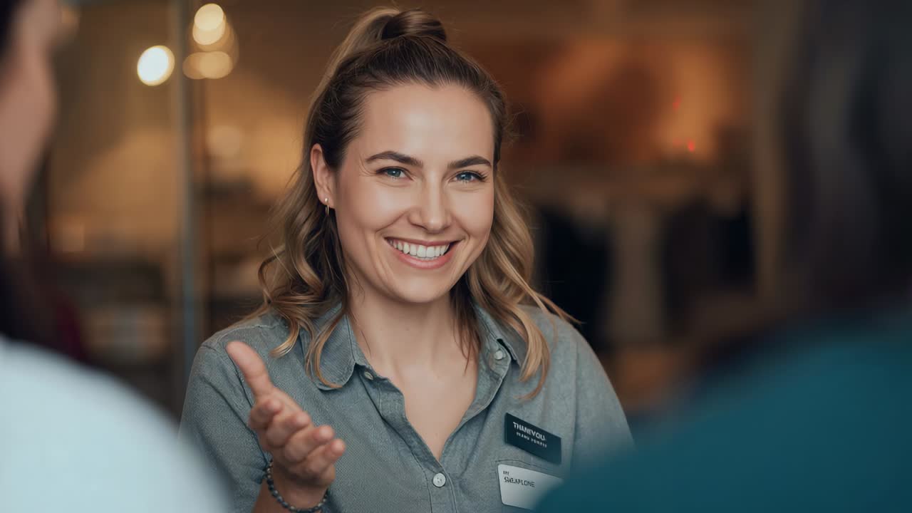 Smilende ekspedient rækker hånden frem, lytter og hjælper kunder, der henvender sig i butikken, iført grå skjorte med badge