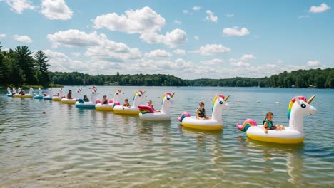 a fun day at the lake with kids riding colorful unicorn floaties in the sun, enjoying a relaxing summer activity on a beautiful water setting