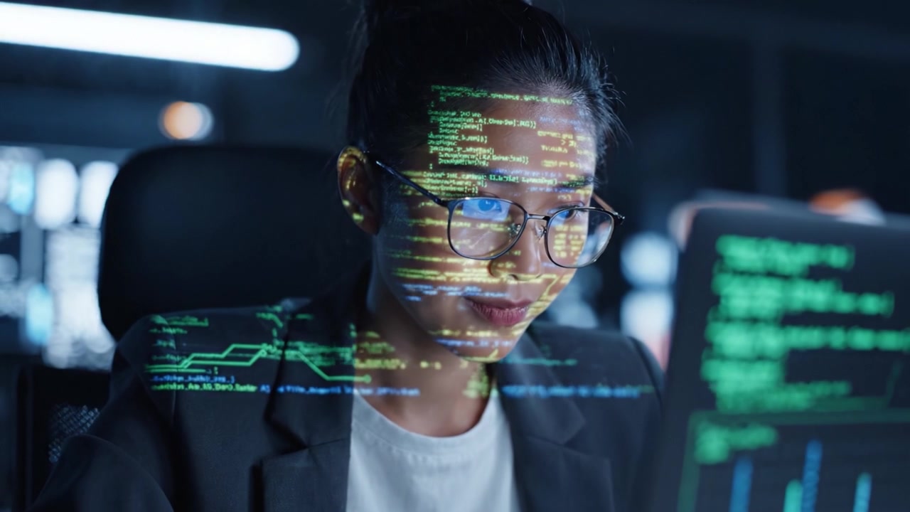 Focused Programmer Analyzing Code with Digital Projections in a High-Tech Environment, Showcasing Modern Technology and Data Processing Skills