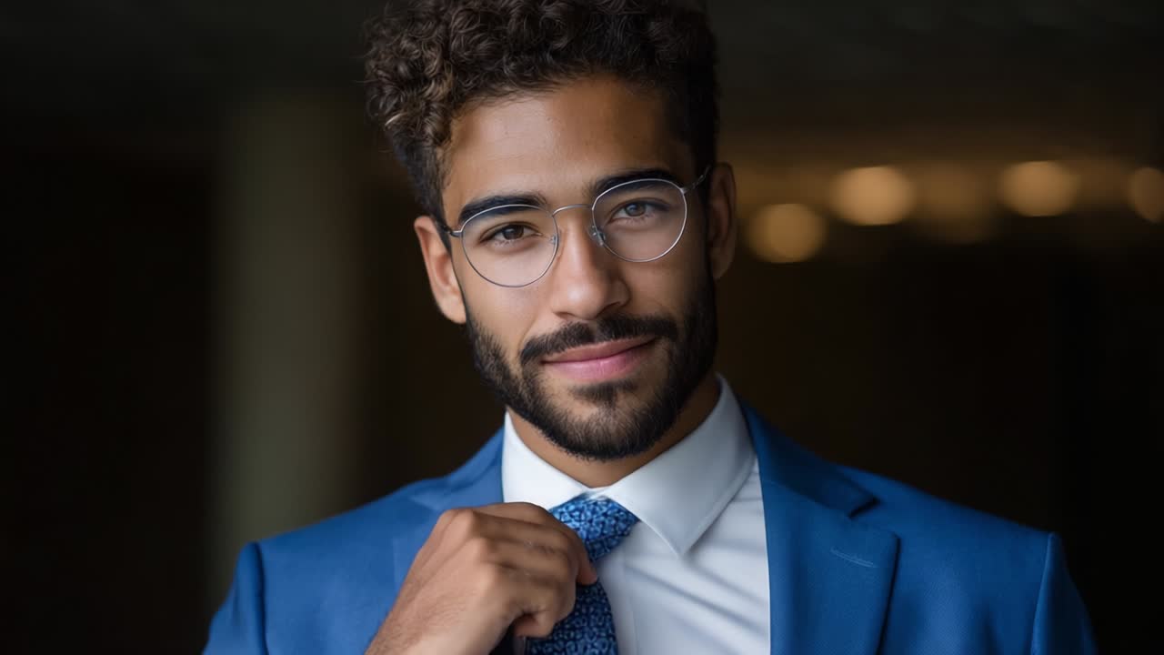 A confident young man dressed in a tailored blue suit and stylish glasses, presenting a polished and approachable demeanor against a softly blurred background in a professional setting