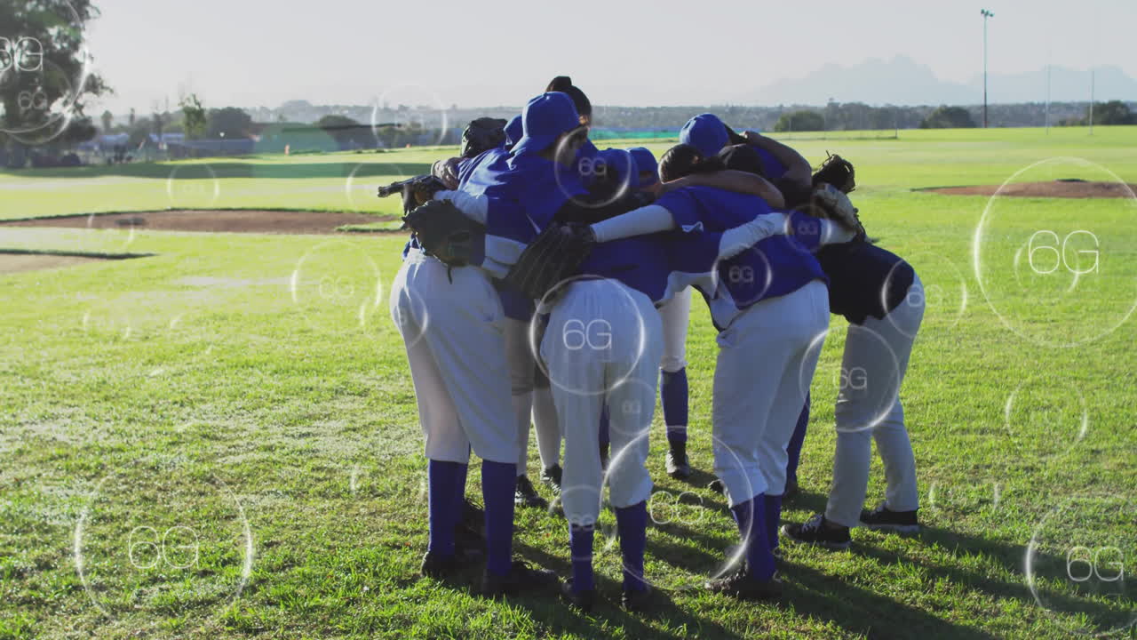 Women players huddling on baseball field, showing sports analytics charts and strategy icons