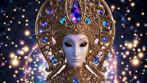regal extraterrestrial monarch wearing ornate golden headdress, pale complexion, obsidian gaze piercing starry cosmic background with shimmering blue jeweled crown