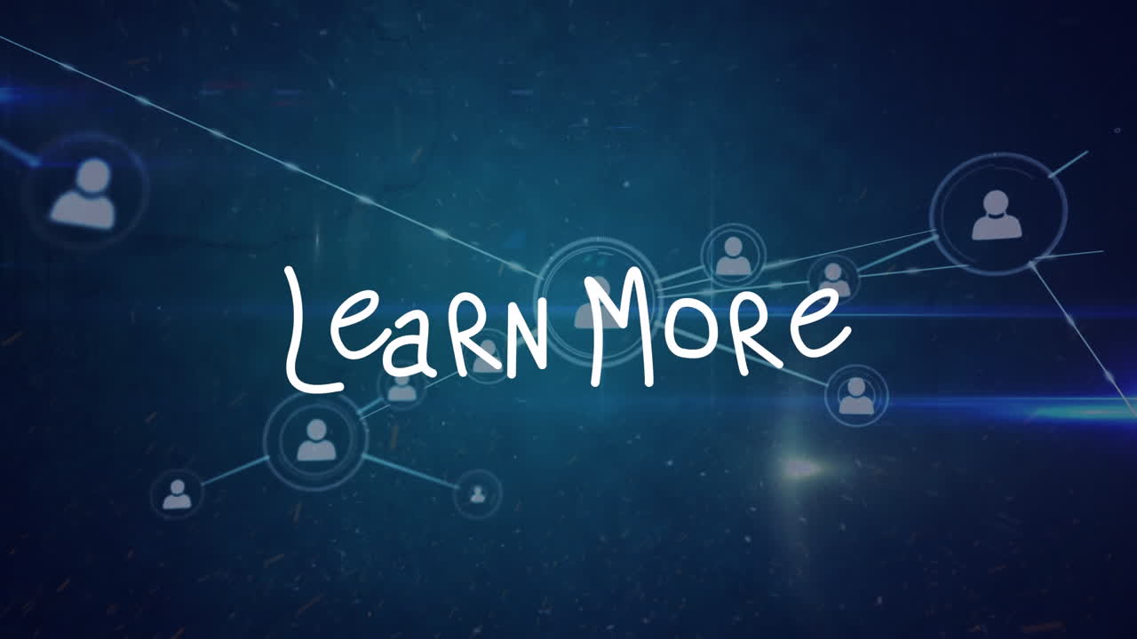 animación de aprender más texto sobre la red de conexiones en fondo negro