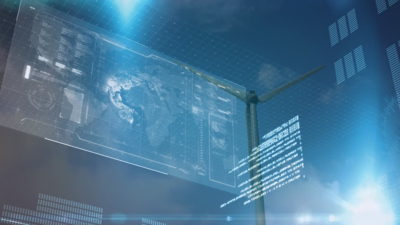 데이터 처리 및 풍력 터빈과 구름이있는 하늘 위의 빛 트레일의 애니메이션