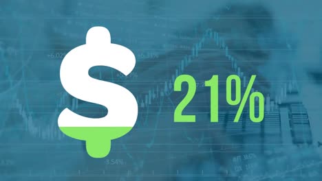 animation of 0 to 76 percent, dollar sign, graphs over hands of caucasian people typing on keyboard