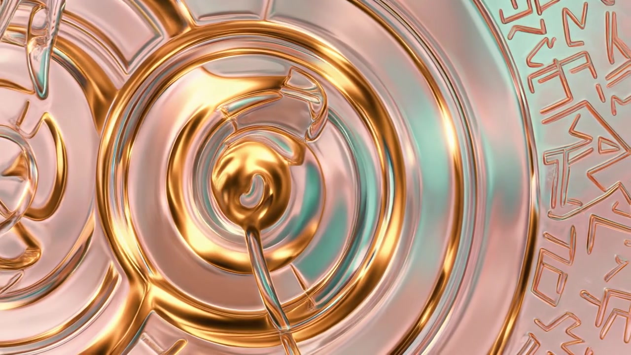 Increspature liquide astratte color oro e verde acqua con motivi geometrici.